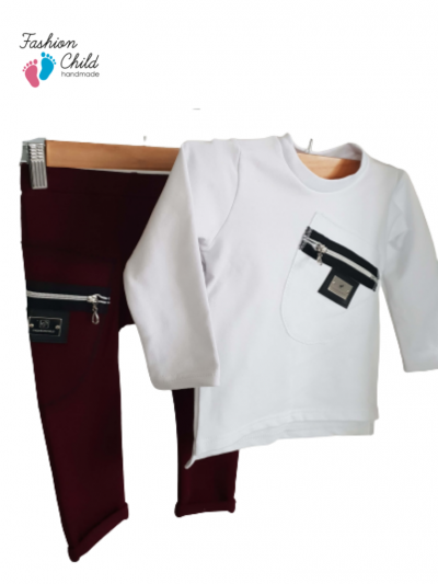 Komplet baggy z zamkiem - bordo/biel